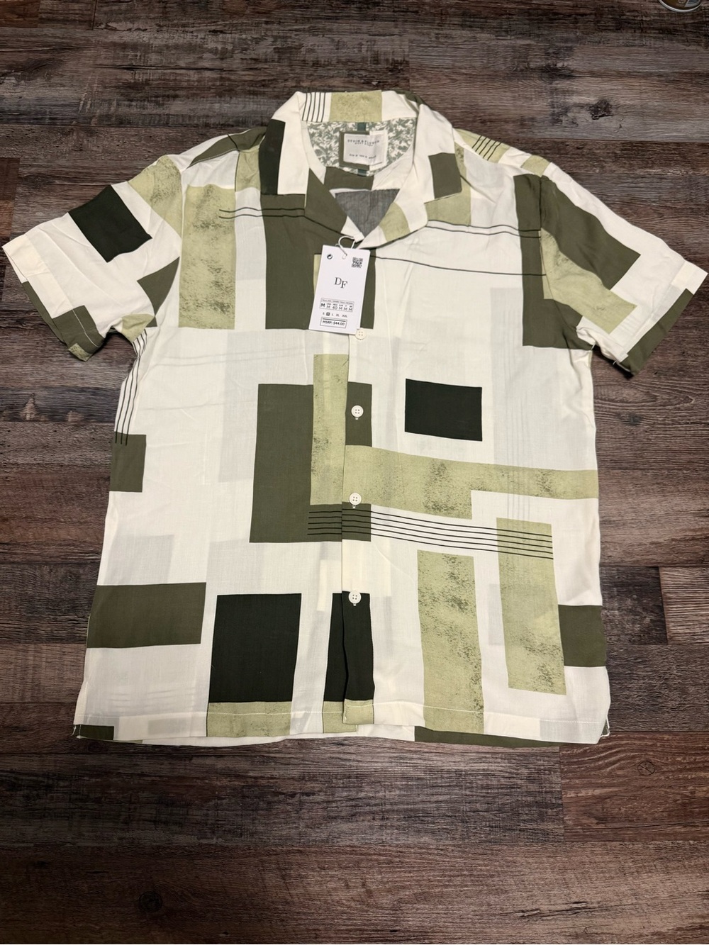 Denim & Flower Olive and White Geometric Camp Shirt Size M NWT